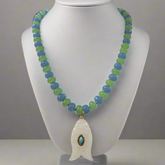 TWO TONE BEADED NECKLACE W MOONSTONE FISH