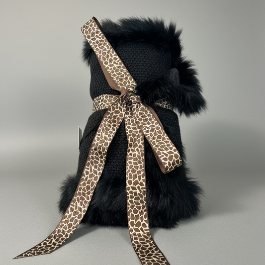 three piece scarf set  wrapped with cheetah print bow with dark background 