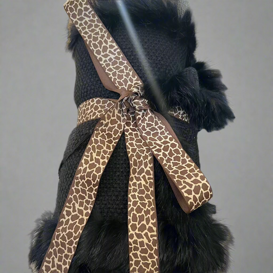 three piece scarf set  wrapped with cheetah print bow with dark background 