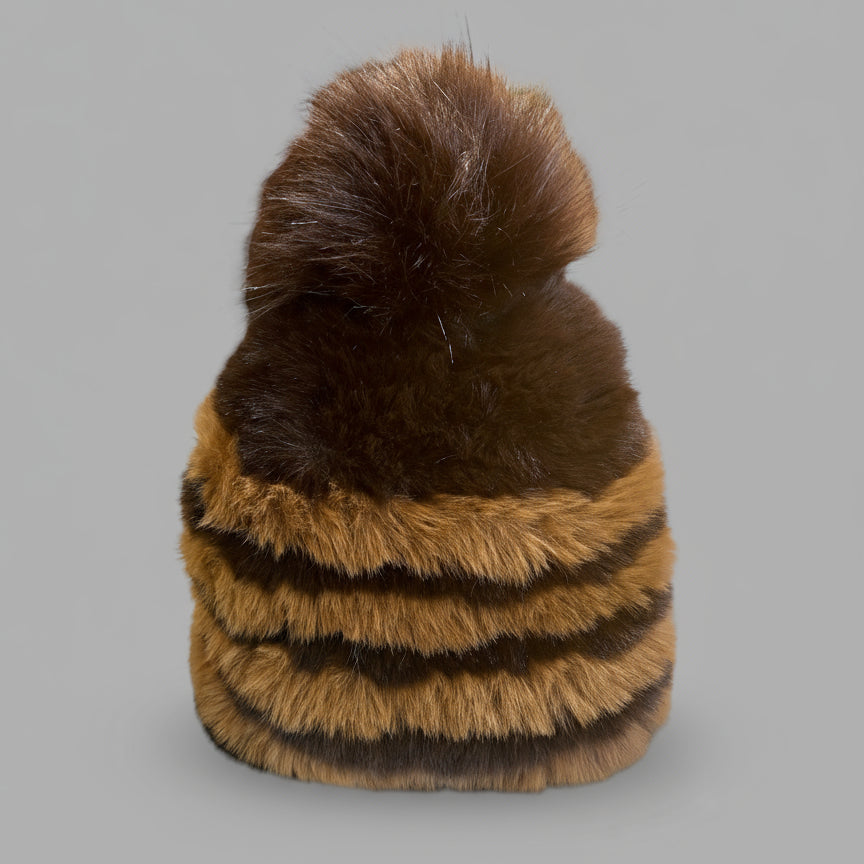 STRIPED KNITTED FAUX FUR HAT