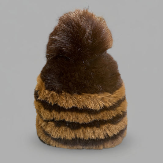 STRIPED KNITTED FAUX FUR HAT
