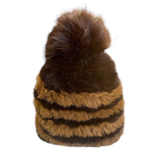 STRIPED KNITTED FAUX FUR HAT