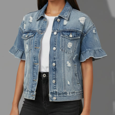 DENIM RUFFLE SLEEVE JACKET