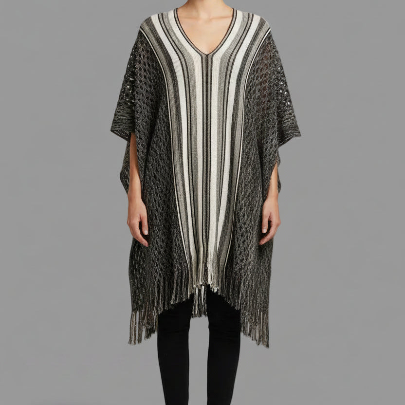 PINK AND BLACK STRIPED KNIT PONCHO