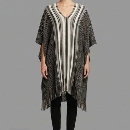 PINK AND BLACK STRIPED KNIT PONCHO