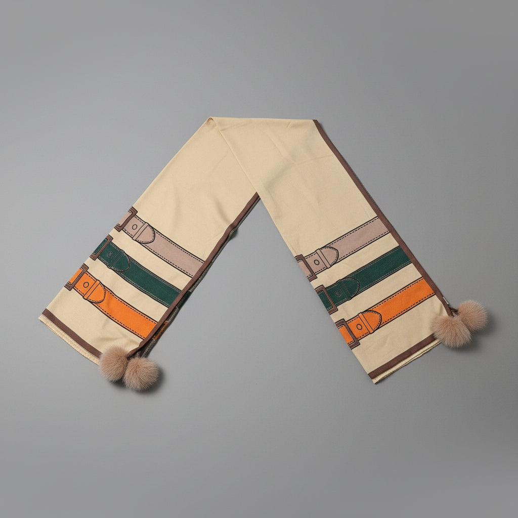 WOVEN WIDE WITH BELT DESIGN BROWN SCARF