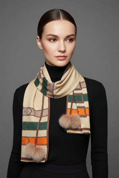 WOVEN WIDE WITH BELT DESIGN BROWN SCARF