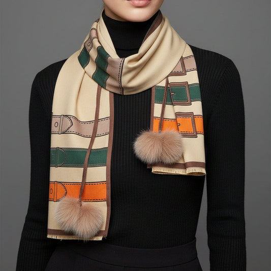 WOVEN WIDE WITH BELT DESIGN BROWN SCARF