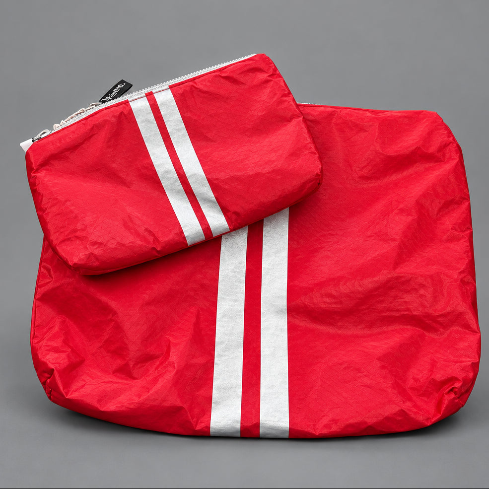 SET 2PIECE RED W/SILVER STRIPE TRAVEL BAGS
