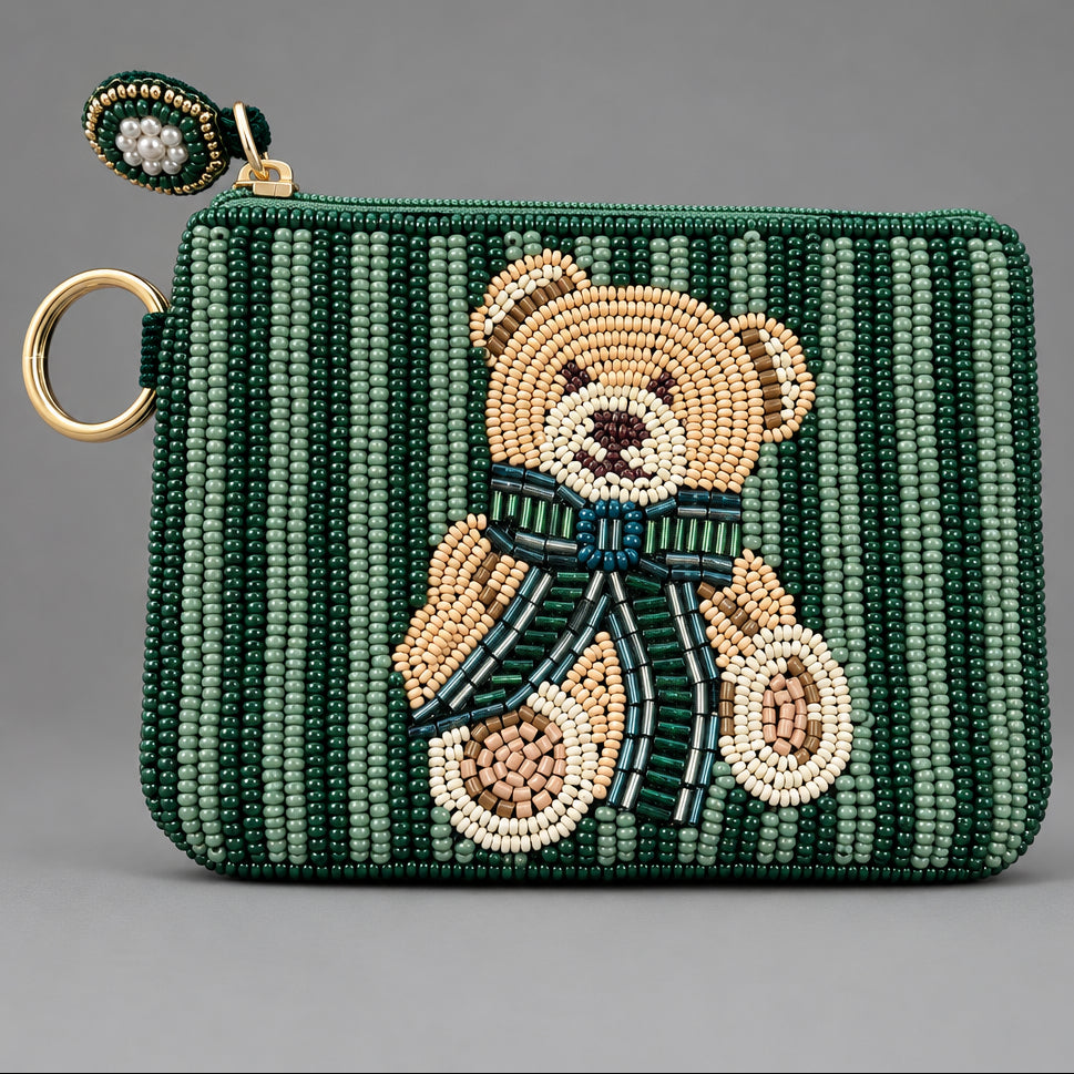 HANDCRAFTED BEADED TEDDY BEAR POUCH