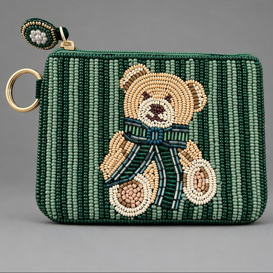 HANDCRAFTED BEADED TEDDY BEAR POUCH