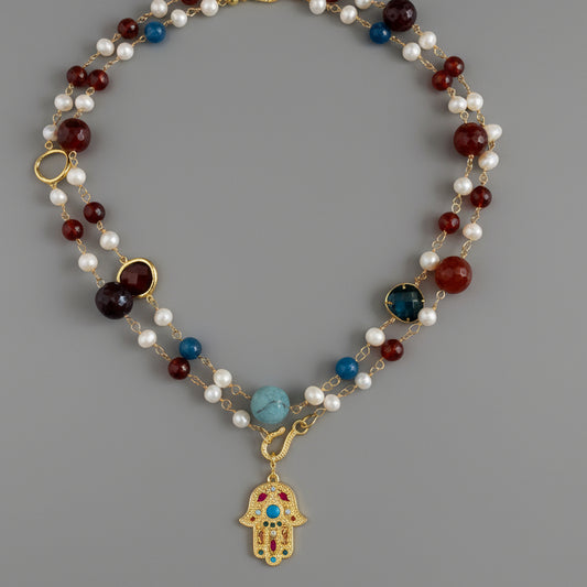 MULTIAGATE PEARLS CZ SS NECKLACE