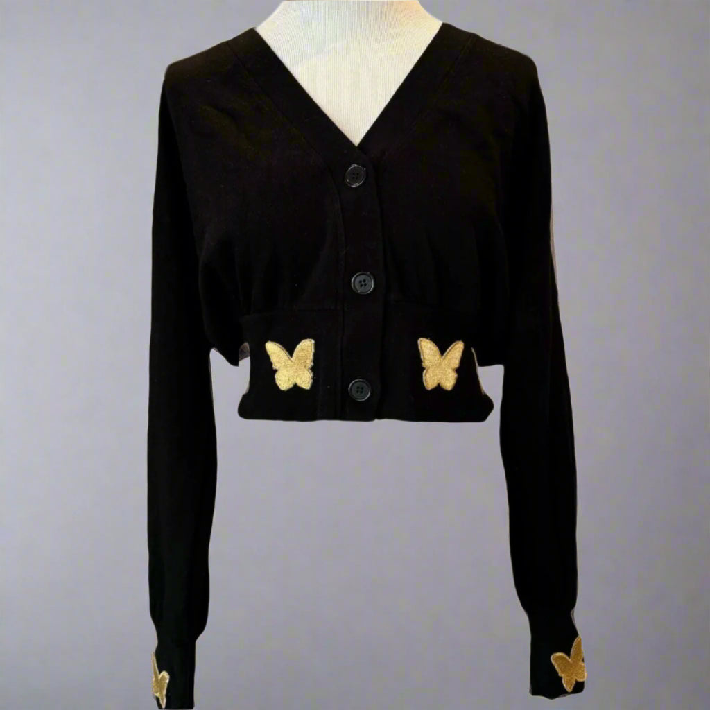 CARDIGAN WITH GOLD BUTTERFLY PATCHES