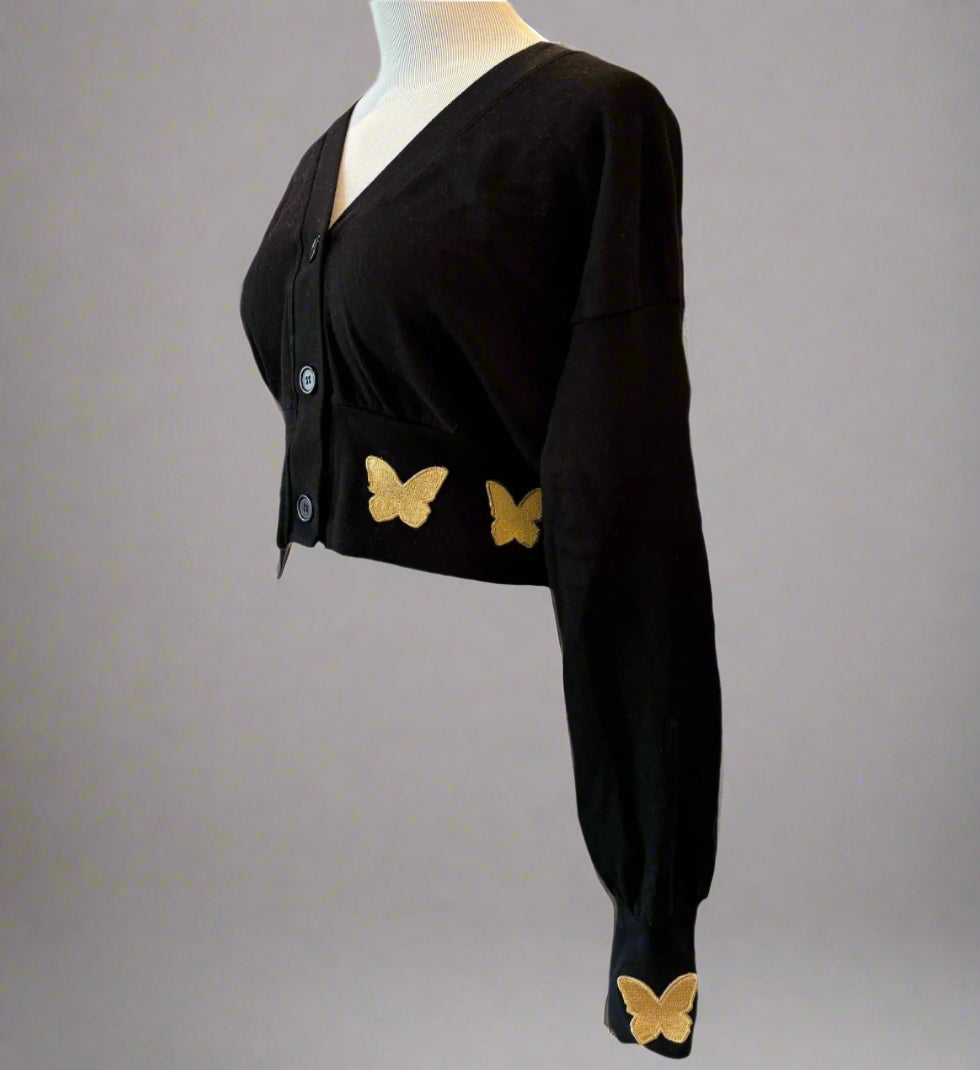 CARDIGAN WITH GOLD BUTTERFLY PATCHES