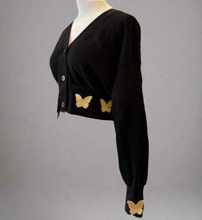 CARDIGAN WITH GOLD BUTTERFLY PATCHES