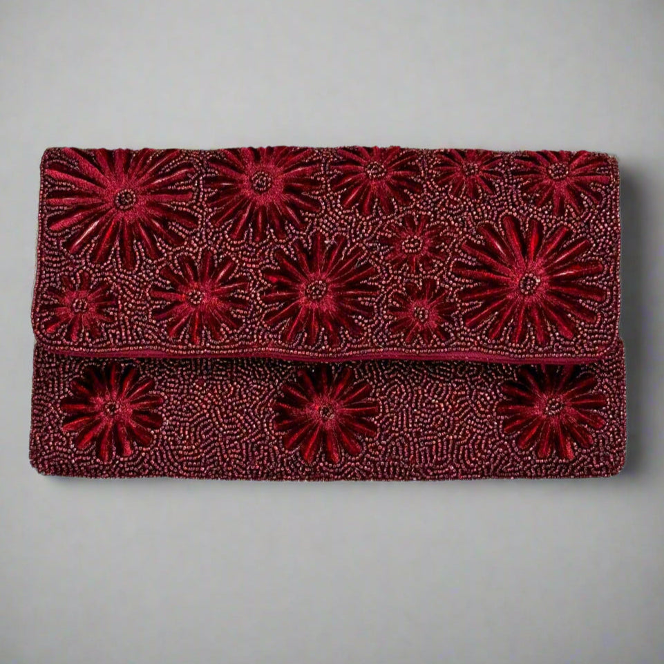 WINE FLORAL EMBROIDERED CLUTCH