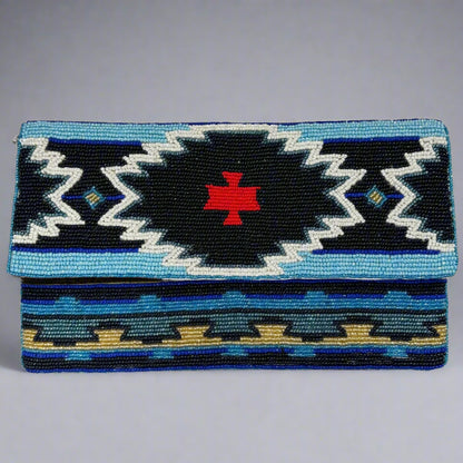 BLUE AZTEC BEADED CLUTCH