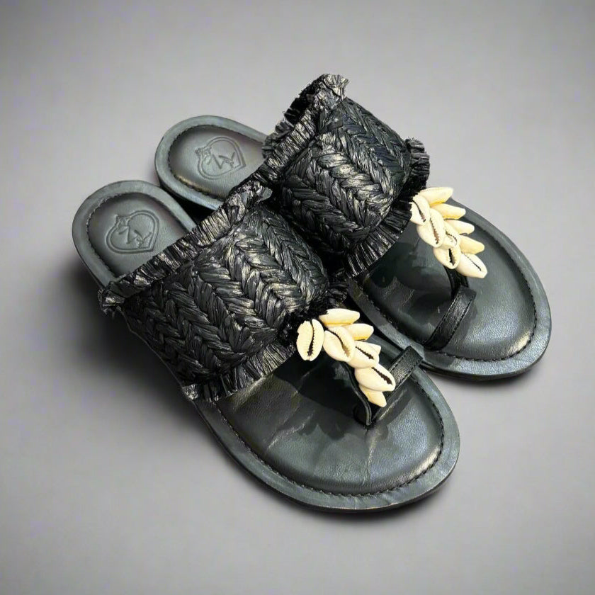 IBIZA BLK STRAW SANDAL W/ SHELLS