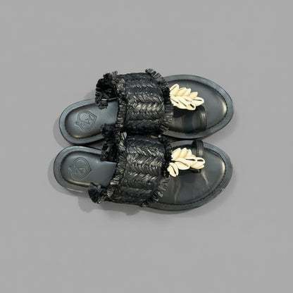 IBIZA BLK STRAW SANDAL W/ SHELLS
