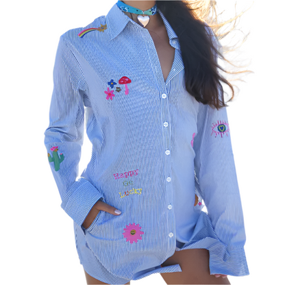 BLUE AND WHITE STRIPES SUNSHINE SHIRT DRESS