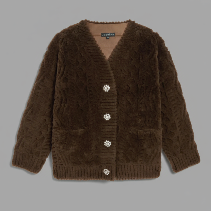 SHEARED SHERPA CARDIGAN WITH JEWEL BUTTONS