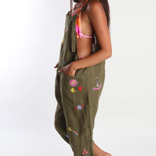 GROOVY LINEN OVERALLS - OLIVE OS