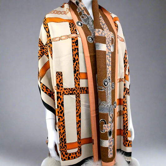 ORANGE WOVEN WIDE SCARF WITH ANIMAL PRINT