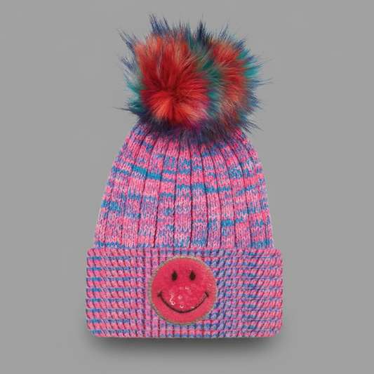 SMILEY KNIT HAT FAUX POM