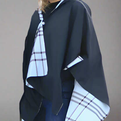 HOODED BLACK & LIGHT BLUE PLAID RAINRAP