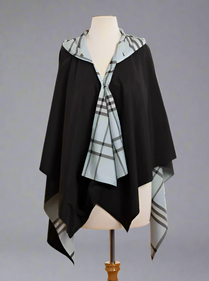 HOODED BLACK & LIGHT BLUE PLAID RAINRAP