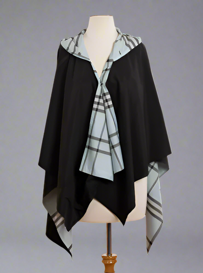 HOODED BLACK & LIGHT BLUE PLAID RAINRAP