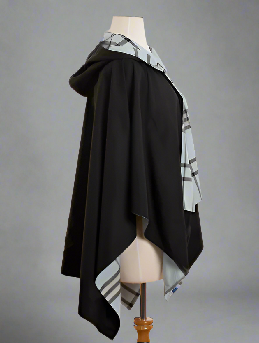 HOODED BLACK & LIGHT BLUE PLAID RAINRAP