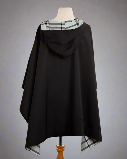 HOODED BLACK & LIGHT BLUE PLAID RAINRAP