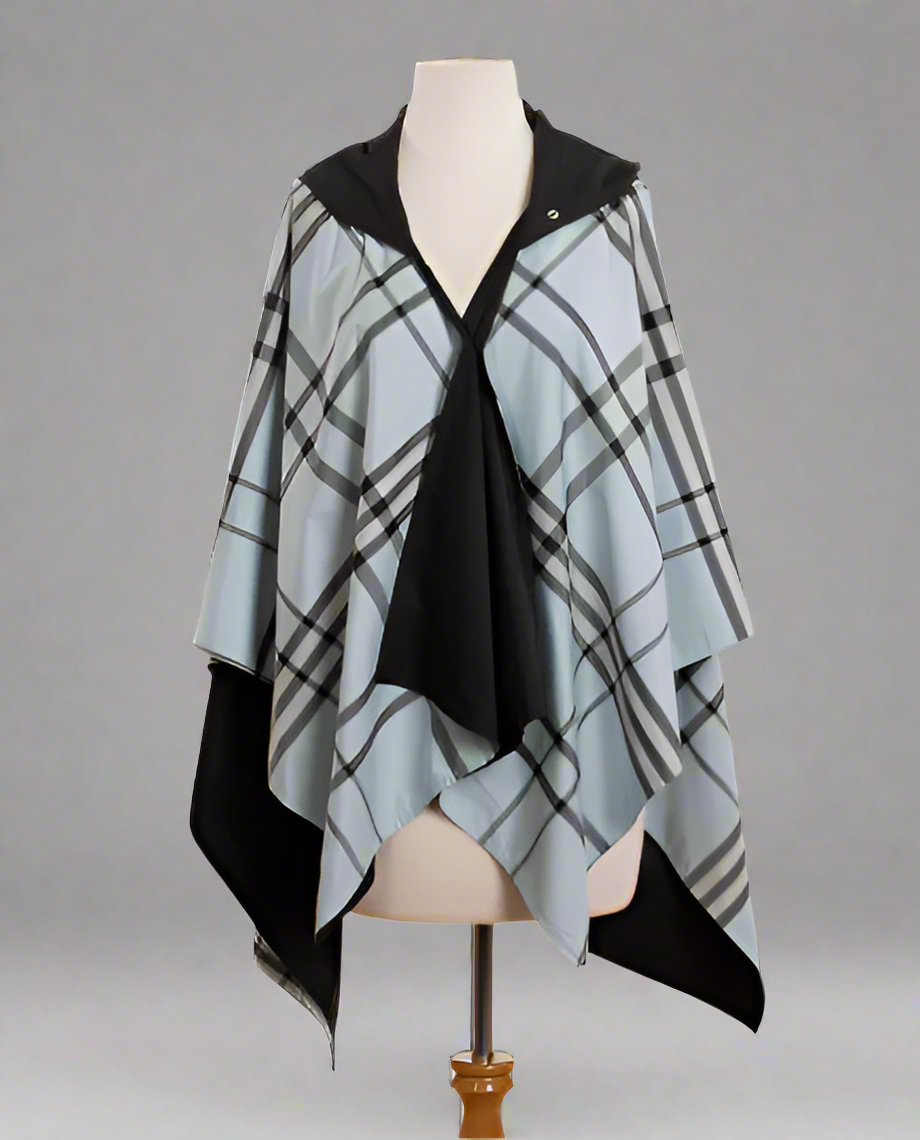 HOODED BLACK & LIGHT BLUE PLAID RAINRAP