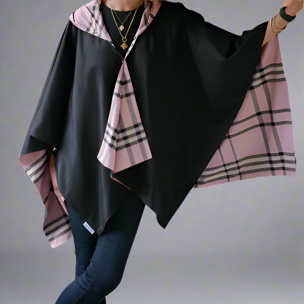 HOODED BLACK & PINK PLAID RAINRAP
