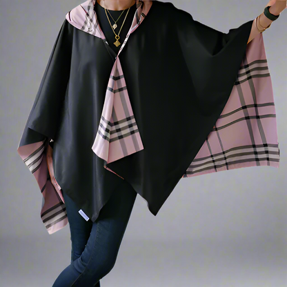 HOODED BLACK & PINK PLAID RAINRAP
