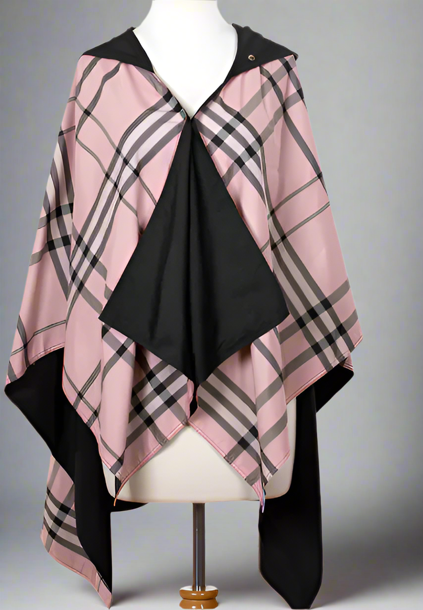 HOODED BLACK & PINK PLAID RAINRAP
