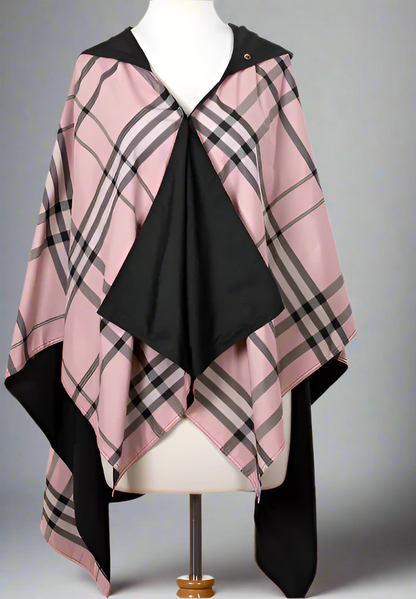 HOODED BLACK & PINK PLAID RAINRAP