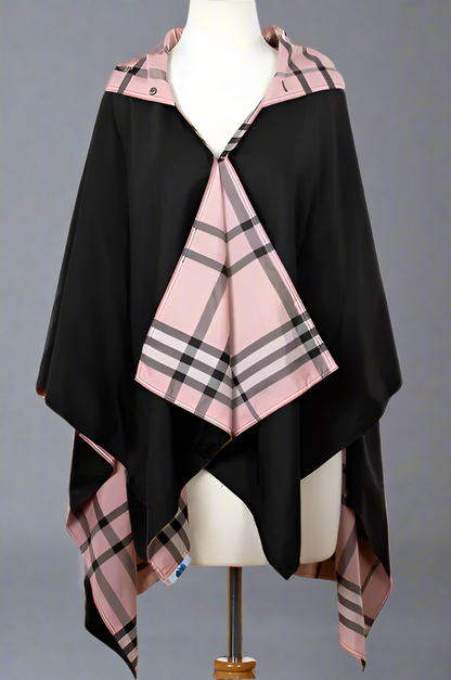 HOODED BLACK & PINK PLAID RAINRAP