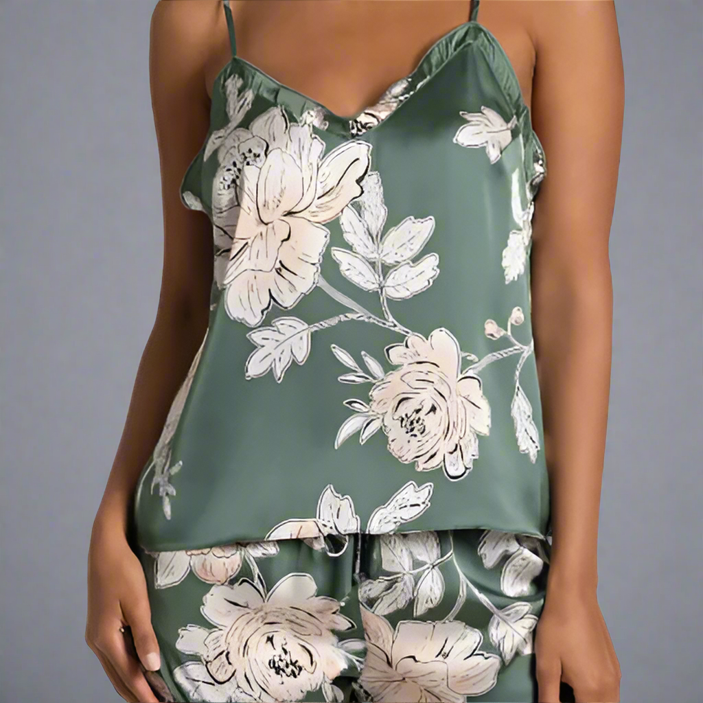 FIJI FLORAL RUFFLE TRIM SATIN SHORT PJS