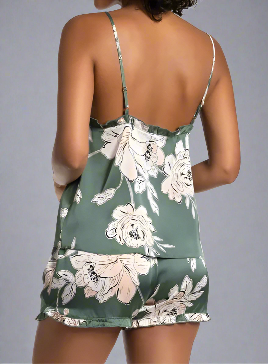 FIJI FLORAL RUFFLE TRIM SATIN SHORT PJS