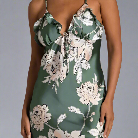 FIJI FLORAL RUFFLE TRIM SATIN CHEMISE