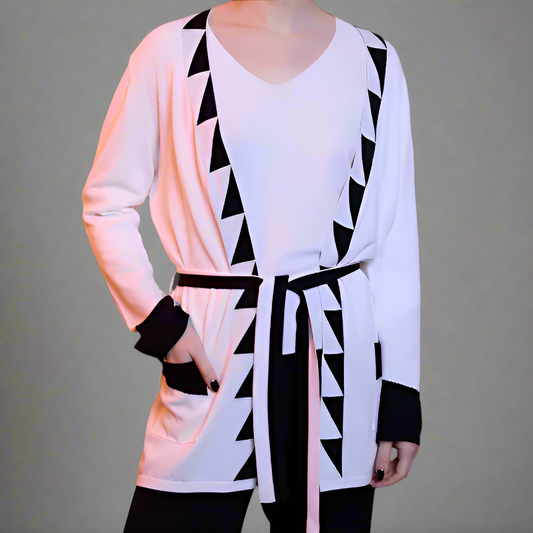 woman in a cardigan on a white background