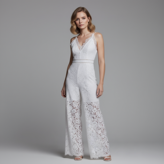 White lace jumpsuit on a white background