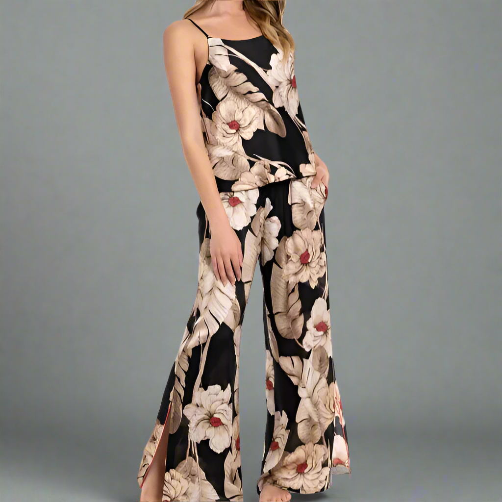 BLACK FLORAL SATIN SET