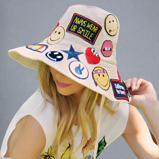ADINA BUCKET HAT W/ ALLOVER HIPPIE PATCHES