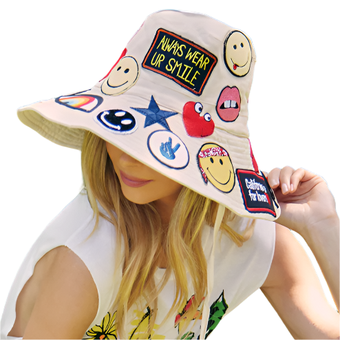 ADINA BUCKET HAT W/ ALLOVER HIPPIE PATCHES