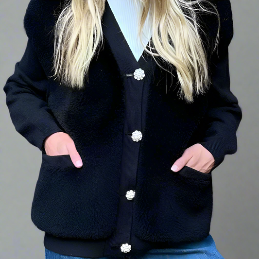 KNIT CARDIGAN WITH SHEARED SHERPA