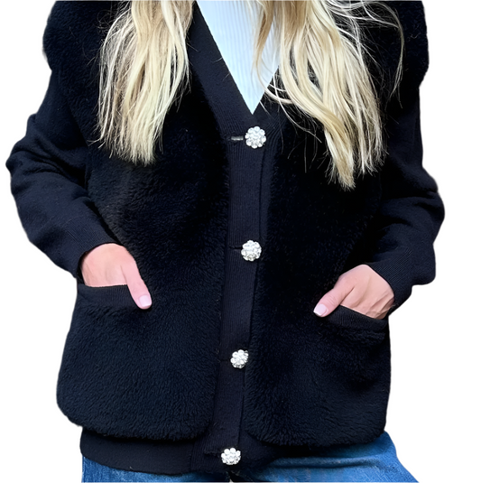 KNIT CARDIGAN WITH SHEARED SHERPA