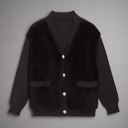 KNIT CARDIGAN WITH SHEARED SHERPA